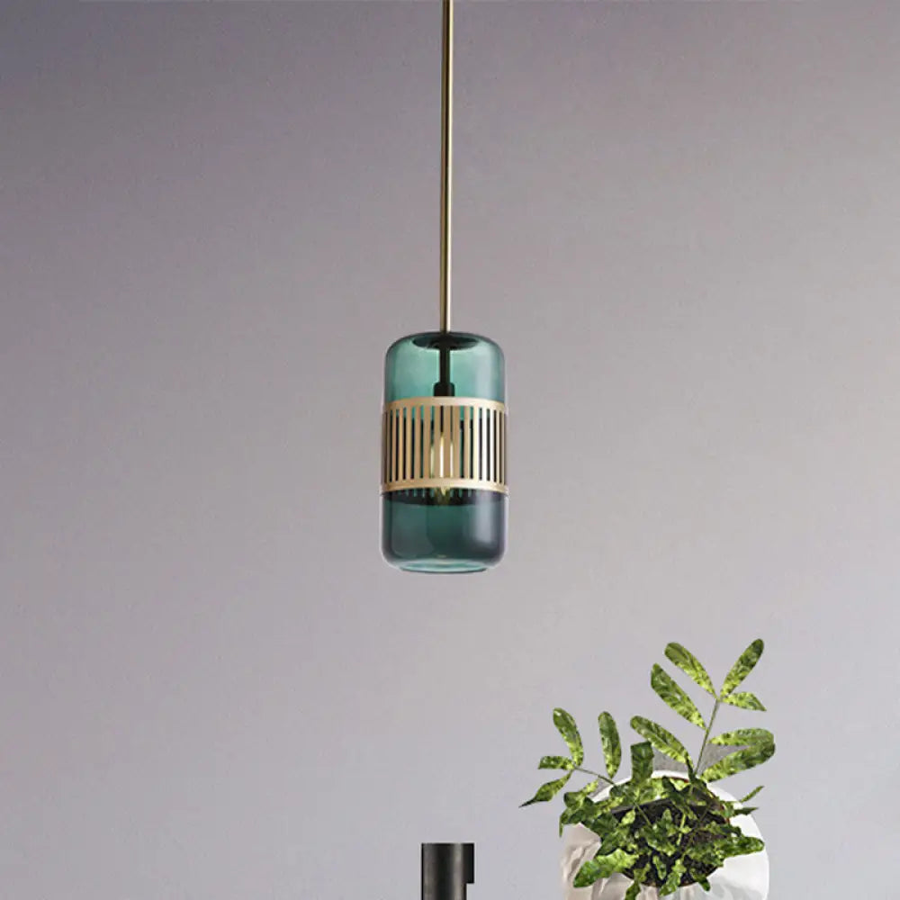 Minimalist Amber/Green Glass Cylinder Kitchen Island Pendant Light - 1 Head Ceiling Fixture