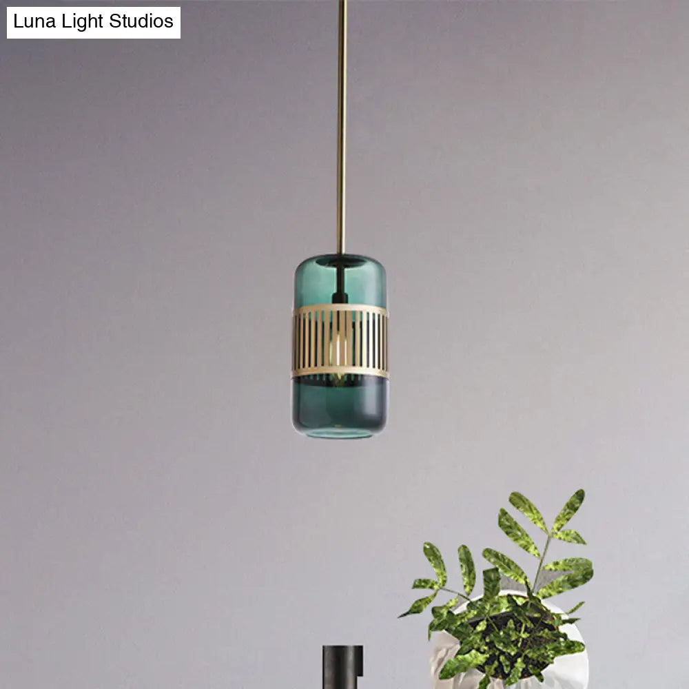 Minimalist Amber/Green Glass Cylinder Kitchen Island Pendant Light - 1 Head Ceiling Fixture