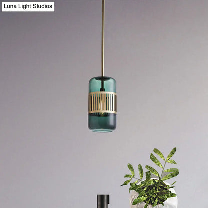 Minimalist Amber/Green Glass Cylinder Kitchen Island Pendant Light - 1 Head Ceiling Fixture