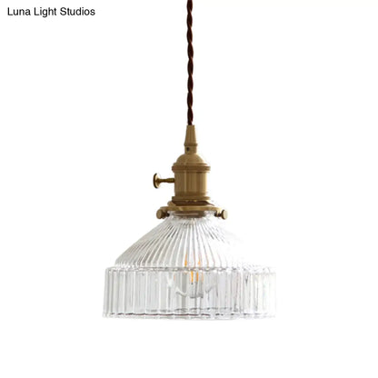 Minimalist Barn Shaped Glass Pendant Light with Clear Ribbed Design - Brass Suspension (1 Head)