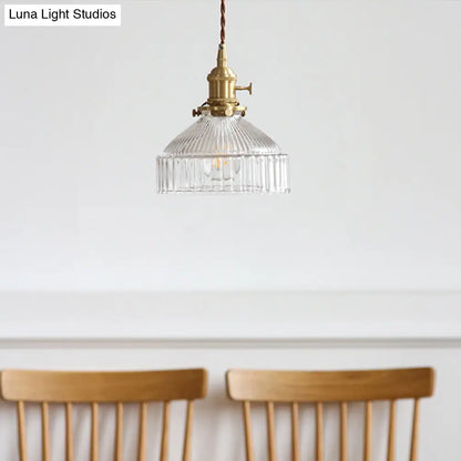 Minimalist Barn Shaped Glass Pendant Light with Clear Ribbed Design - Brass Suspension (1 Head)