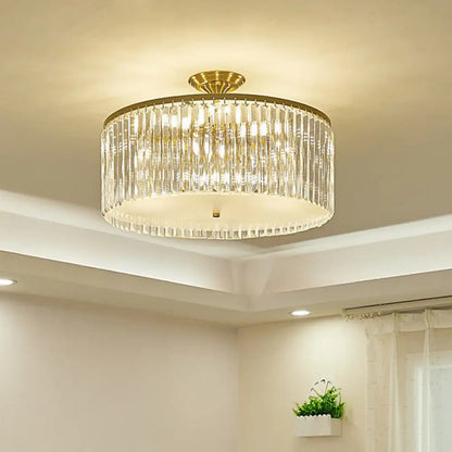 DecorBites™ DecorBites™ Minimalist Bedroom Sparkle: Clear Crystal Drum Semi-Flush Mount Ceiling Light with a Minimalist Design
