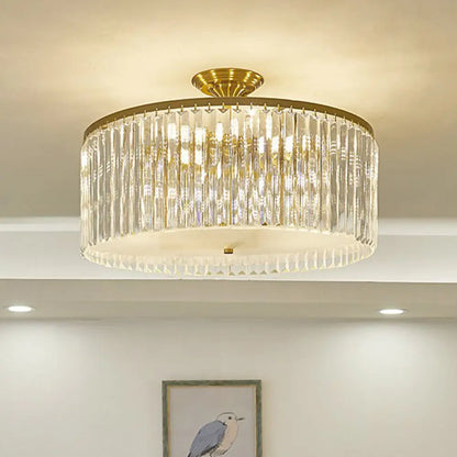 DecorBites™ DecorBites™ Minimalist Bedroom Sparkle: Clear Crystal Drum Semi-Flush Mount Ceiling Light with a Minimalist Design