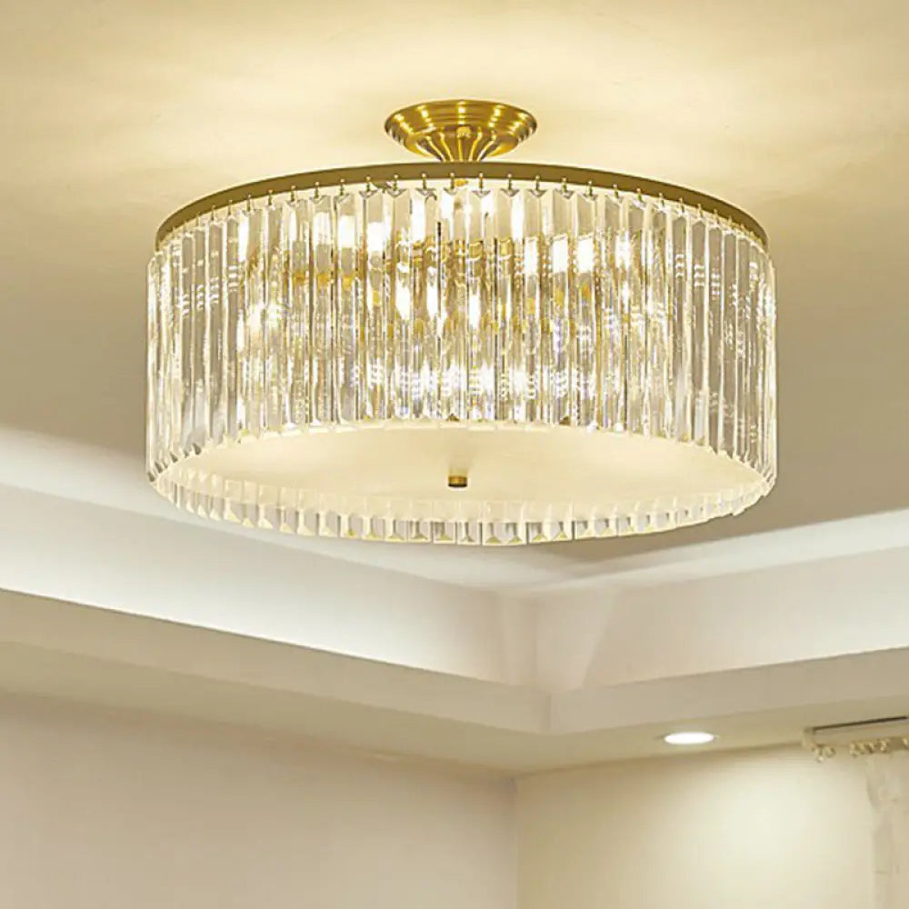 DecorBites™ DecorBites™ Minimalist Bedroom Sparkle: Clear Crystal Drum Semi-Flush Mount Ceiling Light with a Minimalist Design