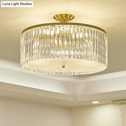 DecorBites™ DecorBites™ Minimalist Bedroom Sparkle: Clear Crystal Drum Semi-Flush Mount Ceiling Light with a Minimalist Design