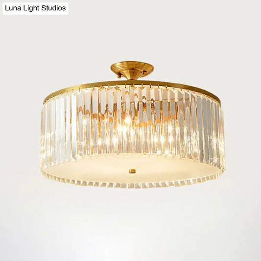 DecorBites™ DecorBites™ Minimalist Bedroom Sparkle: Clear Crystal Drum Semi-Flush Mount Ceiling Light with a Minimalist Design
