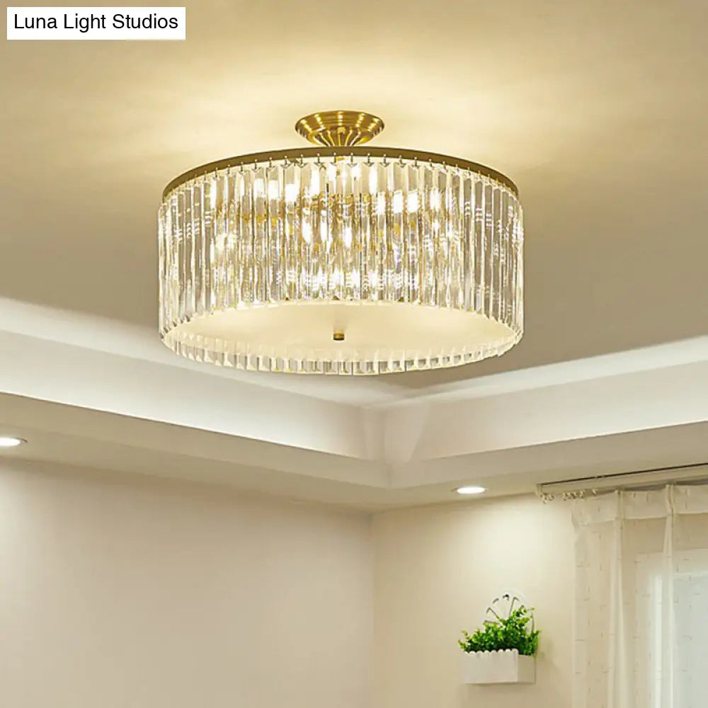 DecorBites™ DecorBites™ Minimalist Bedroom Sparkle: Clear Crystal Drum Semi-Flush Mount Ceiling Light with a Minimalist Design