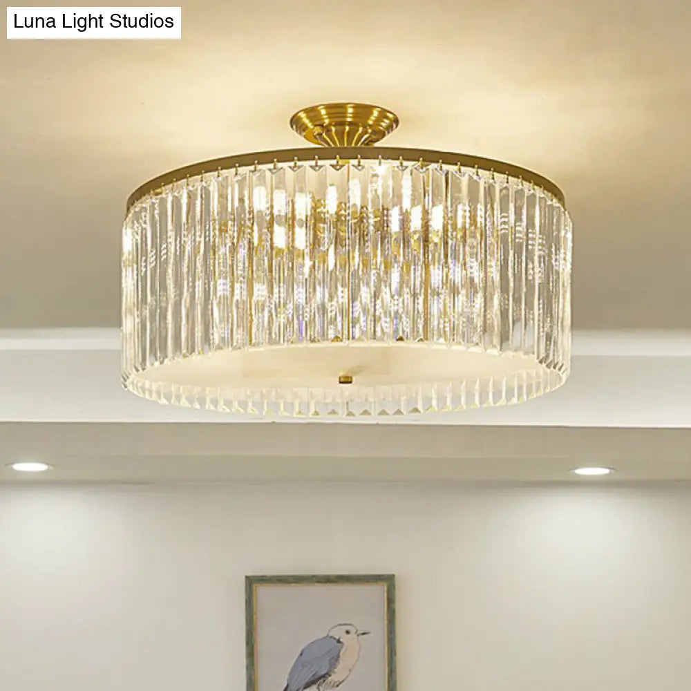 DecorBites™ DecorBites™ Minimalist Bedroom Sparkle: Clear Crystal Drum Semi-Flush Mount Ceiling Light with a Minimalist Design
