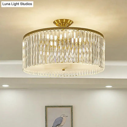 DecorBites™ DecorBites™ Minimalist Bedroom Sparkle: Clear Crystal Drum Semi-Flush Mount Ceiling Light with a Minimalist Design