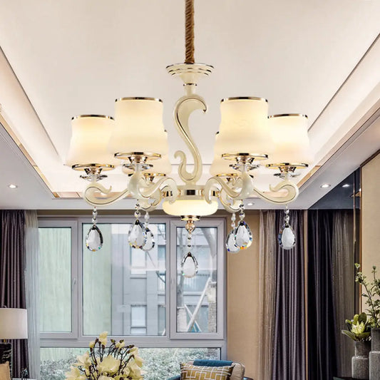 Lámpara de techo colgante minimalista color beige con 6 luces y forma de campana de cristal