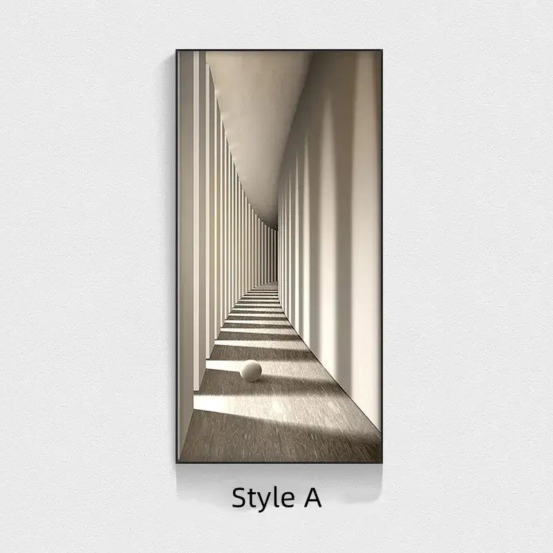 Minimalist beige abstract led wall lamp hallway framed art with a sleek black frame and a white sphere on wooden floor