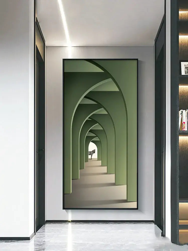 A minimalist beige abstract led wall lamp with framed art featuring green arches and a small dark figure at the end