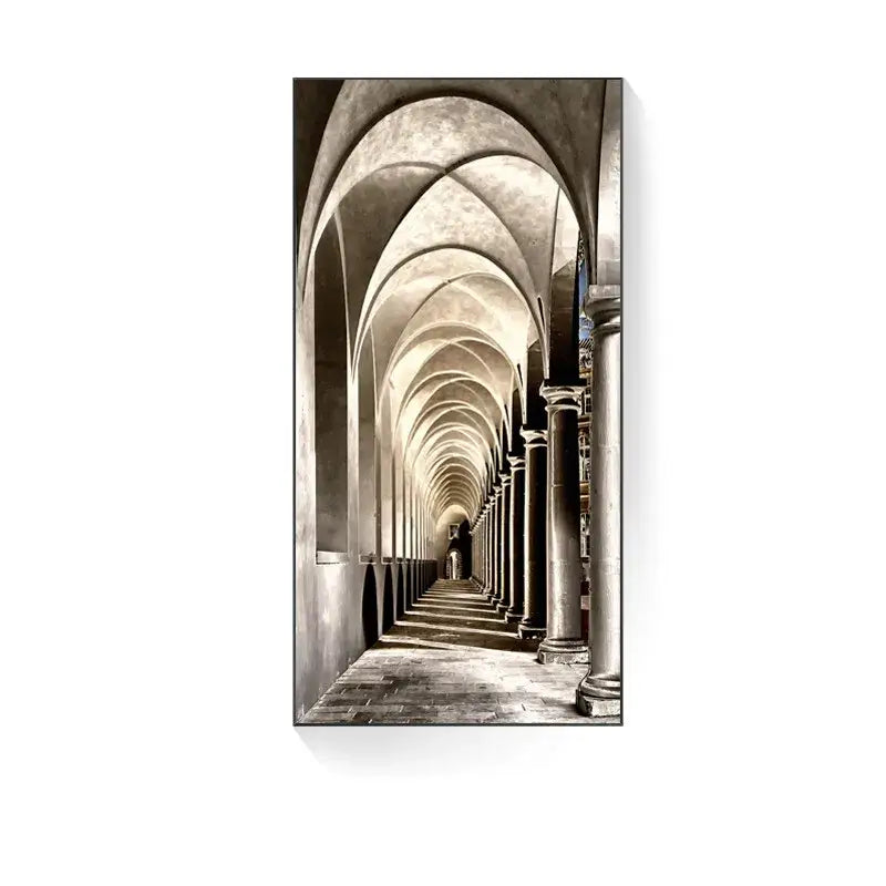 Black-and-white canvas print of a long arched stone corridor complements a minimalist beige abstract led wall lamp modern wall decor
