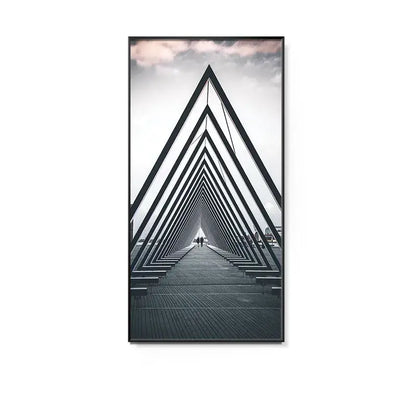 Black-framed minimalist beige abstract led wall lamp art print with geometric triangular design for hallway wall lamp decor