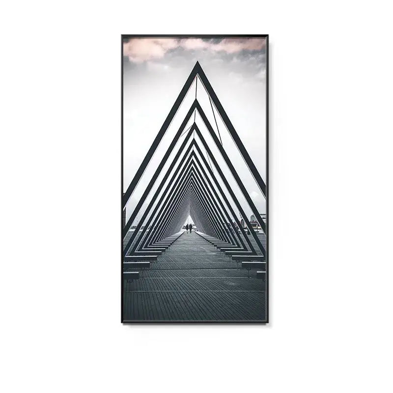 Black-framed minimalist beige abstract led wall lamp art print with geometric triangular design for hallway wall lamp decor