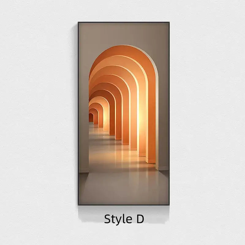 Minimalist beige abstract led wall lamp featuring modern rectangular canvas art with warm-toned arches for hallway decor