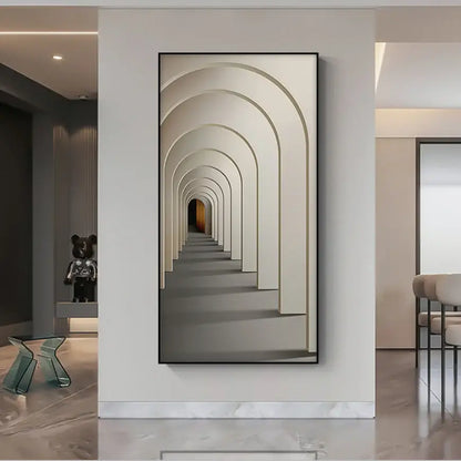 A minimalist beige abstract led wall lamp with framed concentric arches on a dark gray background for hallway decor