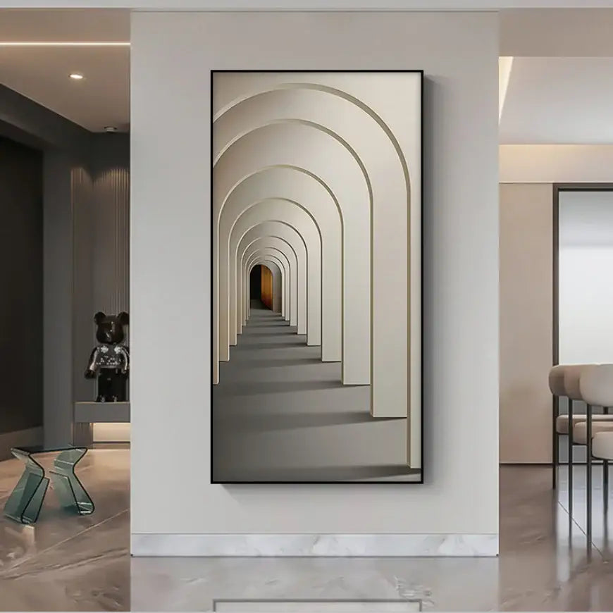 A minimalist beige abstract led wall lamp with framed concentric arches on a dark gray background for hallway decor