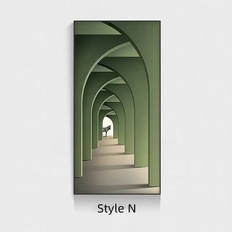 Minimalist beige abstract led wall lamp featuring modern green arched corridor art with a distant zebra in hallway frame