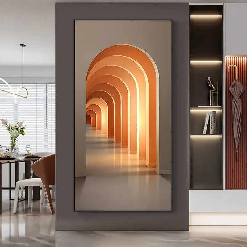 Minimalist beige abstract led wall lamp featuring warm orange arches in sleek dark gray frame for modern wall decor