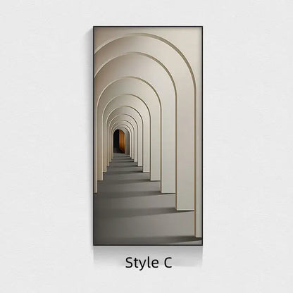 Modern minimalist beige abstract led wall lamp framed art print with repeating arches and warm-toned distant doorway
