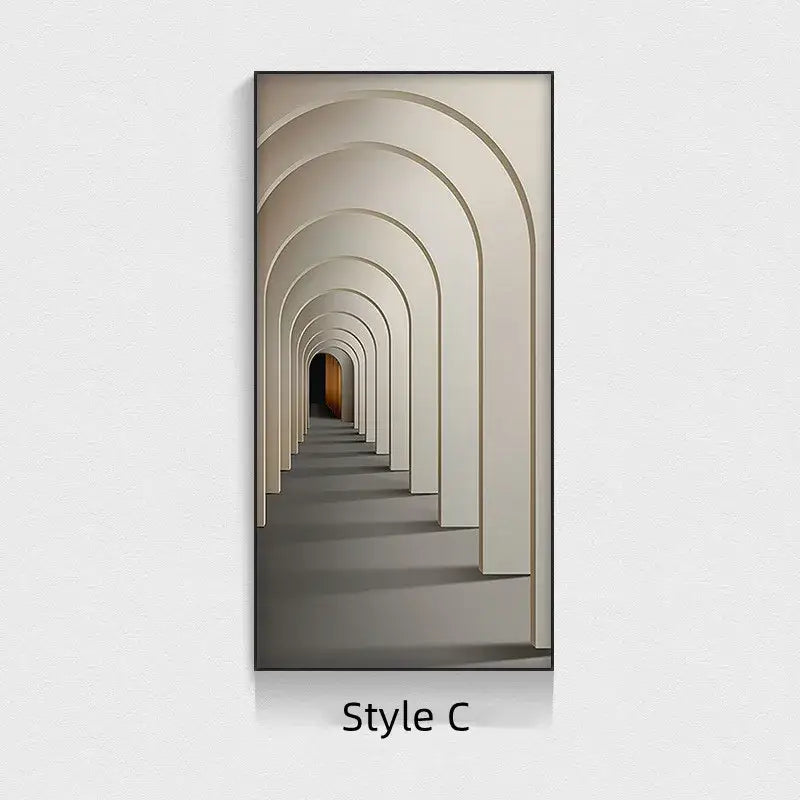 Modern minimalist beige abstract led wall lamp framed art print with repeating arches and warm-toned distant doorway