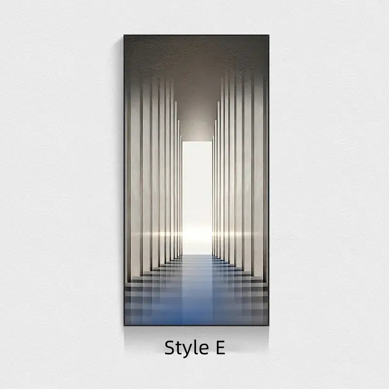 Minimalist beige abstract led wall lamp with modern wall art featuring a symmetrical corridor and metallic pillars