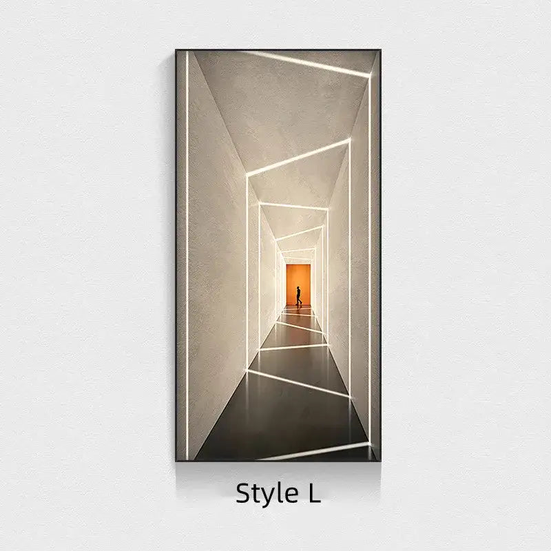 Minimalist beige abstract led wall lamp framed art depicting a geometrically lit corridor with warm orange light