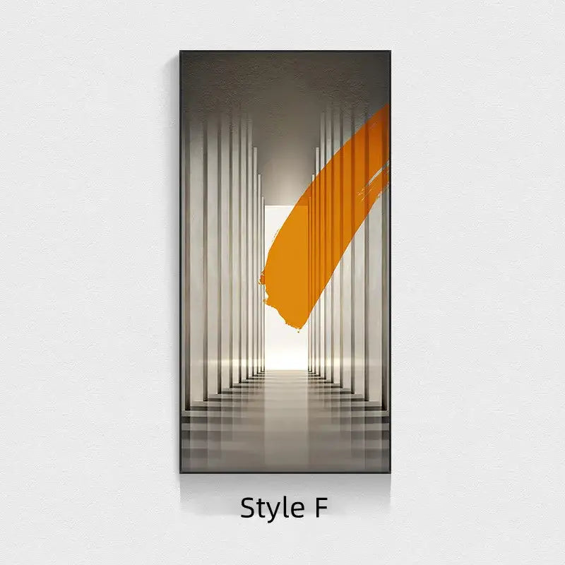 Minimalist beige abstract led wall lamp with modern orange brushstroke canvas art in a monochromatic hallway setting