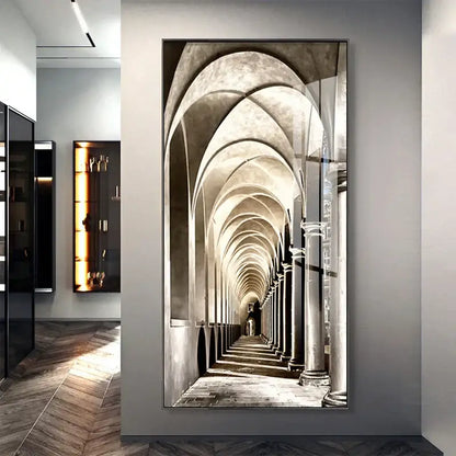 Minimalist beige led wall lamp featuring a framed black and white stone archway corridor art for hallway decor