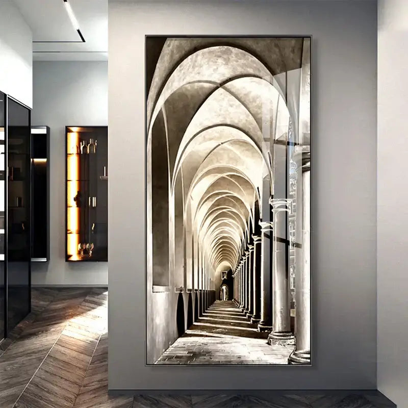 Minimalist beige led wall lamp featuring a framed black and white stone archway corridor art for hallway decor