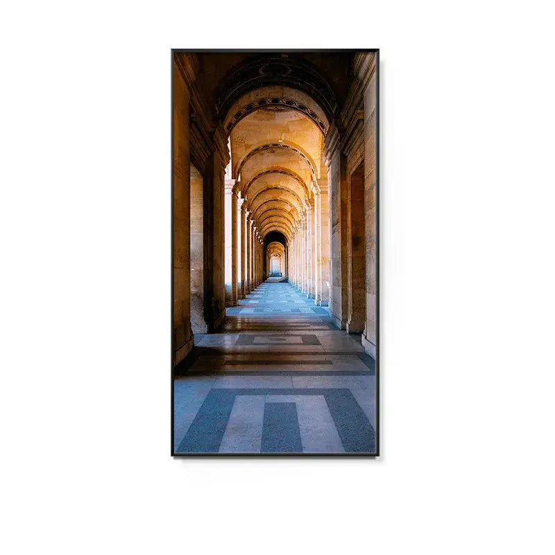 A minimalist beige abstract led wall lamp featuring a framed photo of a sunlit stone arcade in a modern wall design