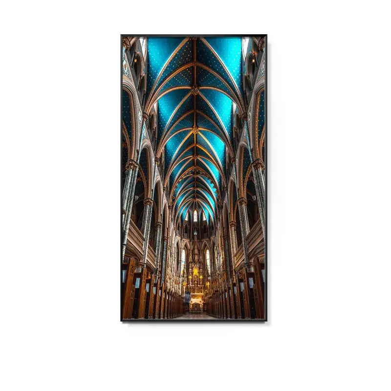 A minimalist beige abstract led wall lamp with framed art of a cathedral interior featuring a starry blue ceiling