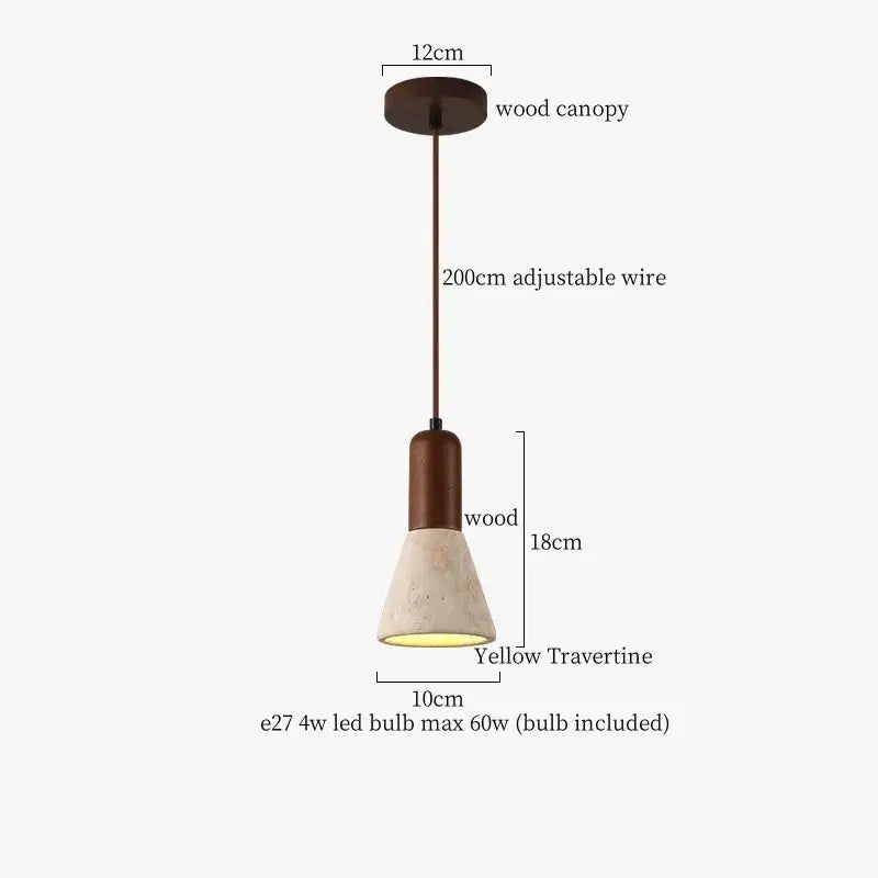 Minimalist pendant light with dark wood canopy and yellow travertine stone shade for decorbites glass stone led lighting