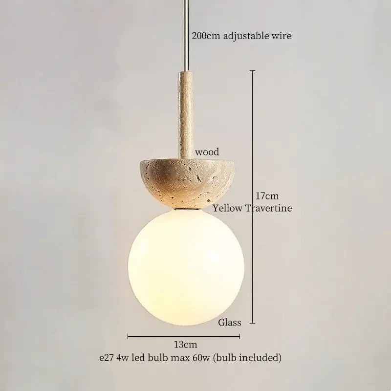 Minimalist beige and white glass stone led pendant light with a frosted globe and travertine disc for kitchen decorbites pendant lights