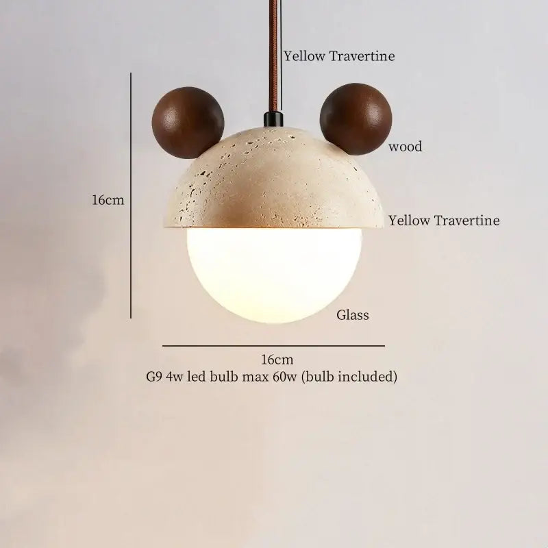 Minimalist beige and white pendant lights with a travertine dome dark wood ears and frosted glass globe decorbites glass stone led