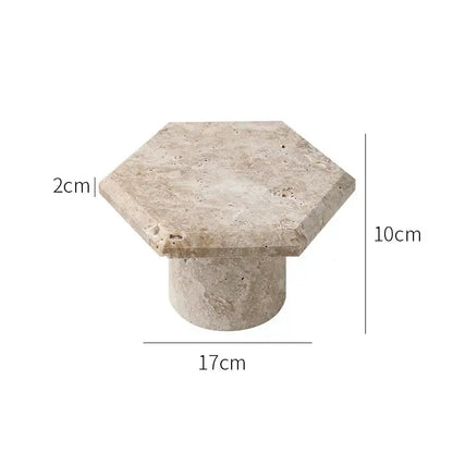 Beige brown travertine hexagonal stone table knob with cylindrical base for minimalist serving tray design