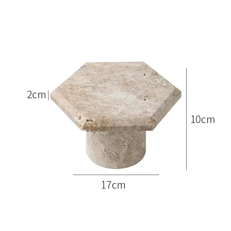 Beige brown travertine hexagonal stone table knob with cylindrical base for minimalist serving tray design