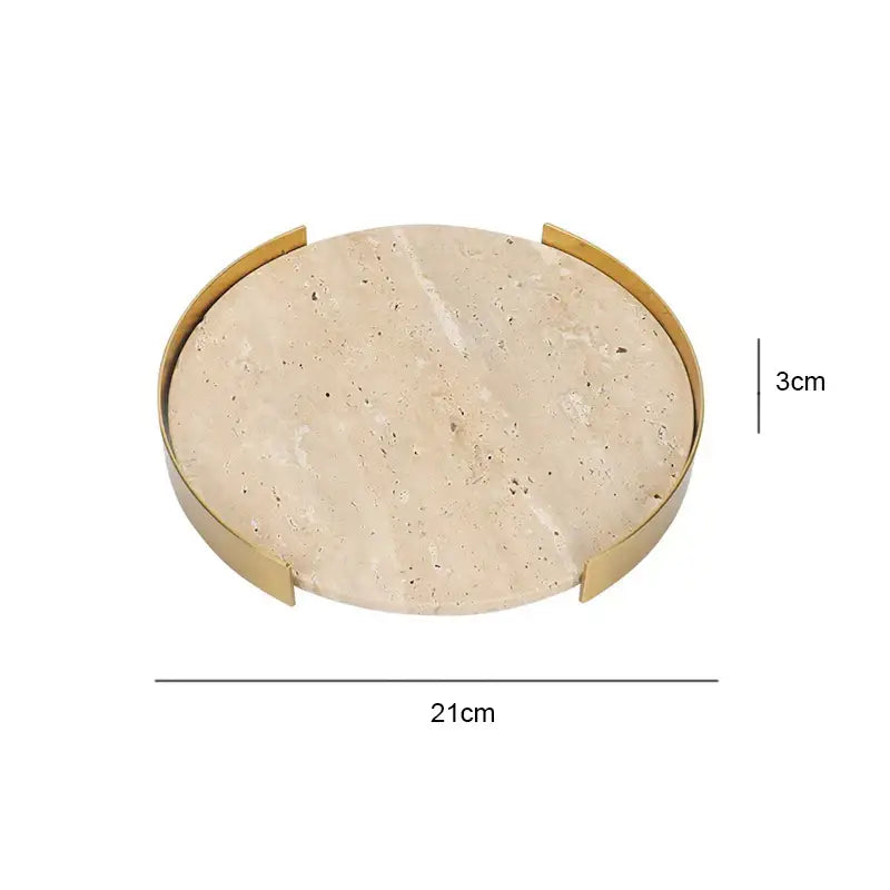A minimalist oval tray with beige brown travertine marble surface and polished gold edges for dining room decorbites decor