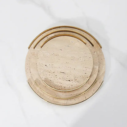 Minimalist beige brown travertine marble tray with concentric gold-toned rings for dining room decorbites beige brown decor