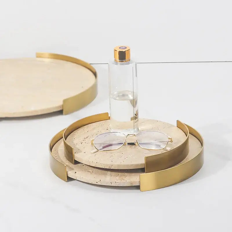 Minimalist beige brown travertine marble tray with gold-toned metal rim for dining room decor and decorbites beige brown style