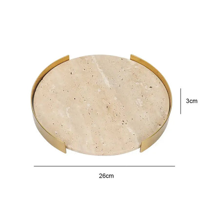 Minimalist beige brown travertine marble dining tray with polished gold metal rim for decorbites beige brown decor