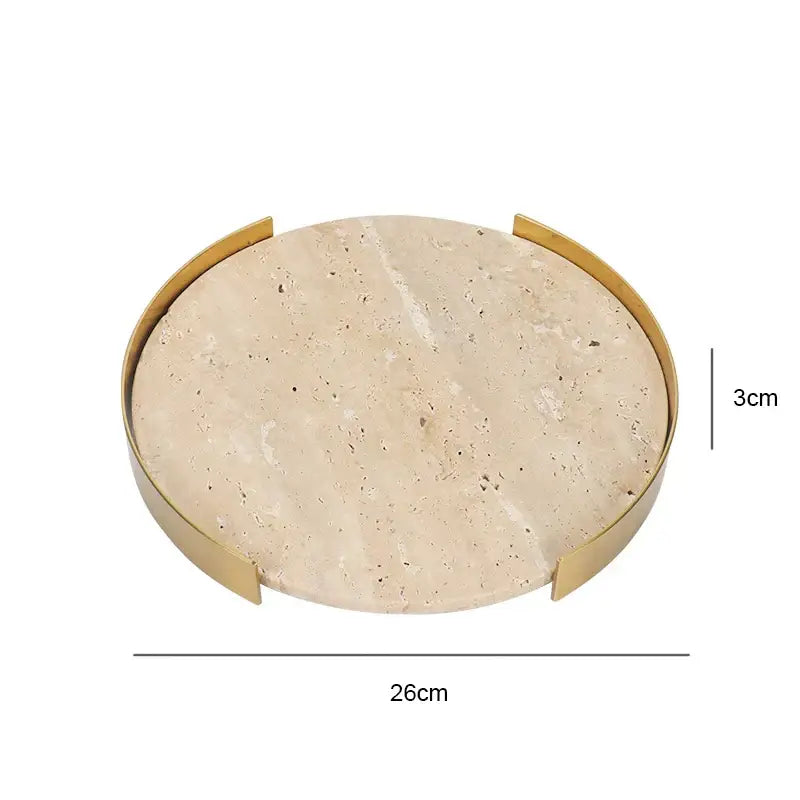 Minimalist beige brown travertine marble dining tray with polished gold metal rim for decorbites beige brown decor