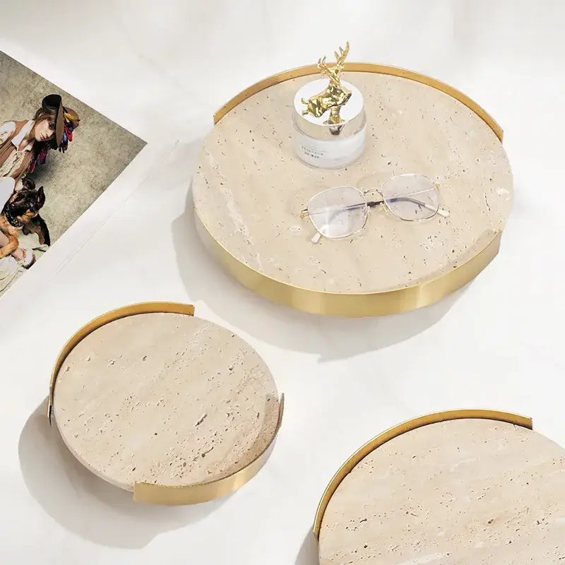 Minimalist beige brown travertine marble tray with gold-toned metal rims and textured surface for dining room decorbites decor