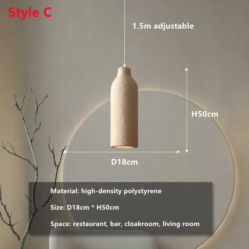 Beige textured high-density polystyrene chandelier light with sleek bottle-shaped design for minimalist decorbites cement chandelier light
