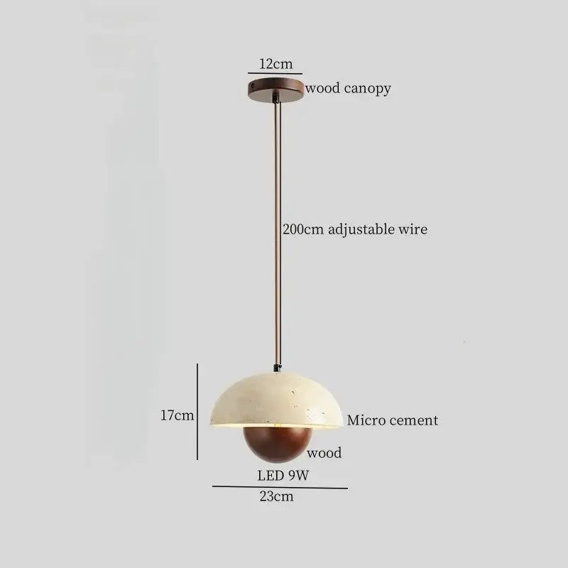 Minimalist beige decorbites cement led pendant light with matte off-white micro cement dome and dark wood base