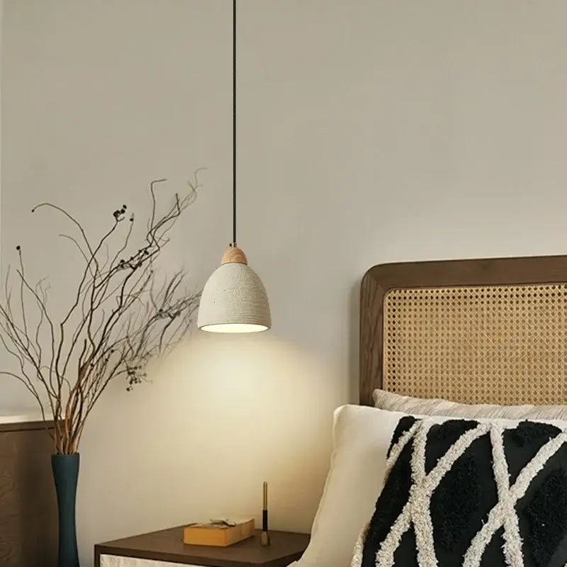 Minimalist pendant lights with off-white ceramic shade and natural wood top for decorbites cement led pendant use
