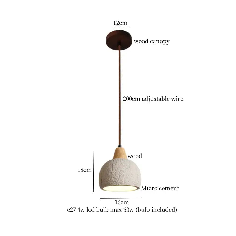 Minimalist beige decorbites cement led pendant light with textured off-white micro cement shade and wooden canopy and stem