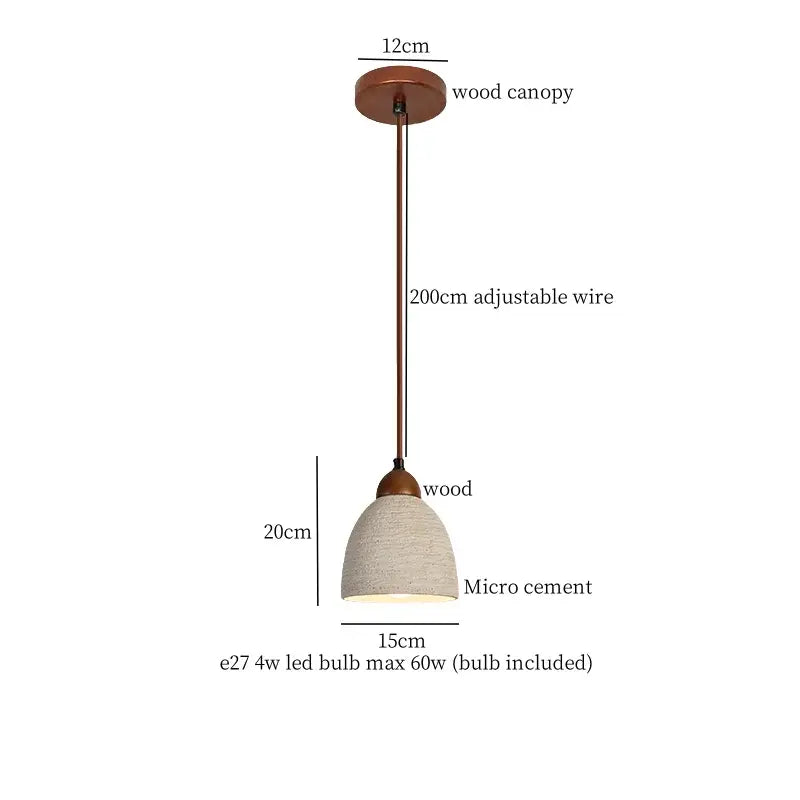 A minimalist beige decorbites cement led pendant light with textured off-white micro cement shade and wooden canopy