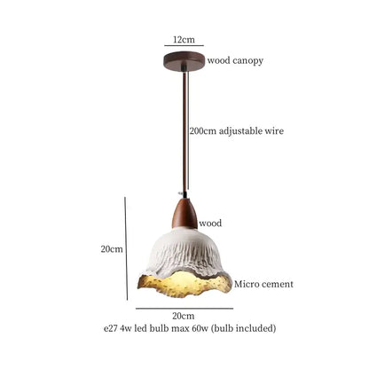 White micro cement pendant light with textured petal design and wooden canopy by decorbites cement led pendant lights